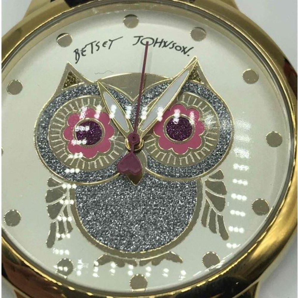 A25-NIB Betsey Johnson Rhinestone Owl Glitter Mixed Metal XOX Watch w/ Earrings - Picture 2 of 6